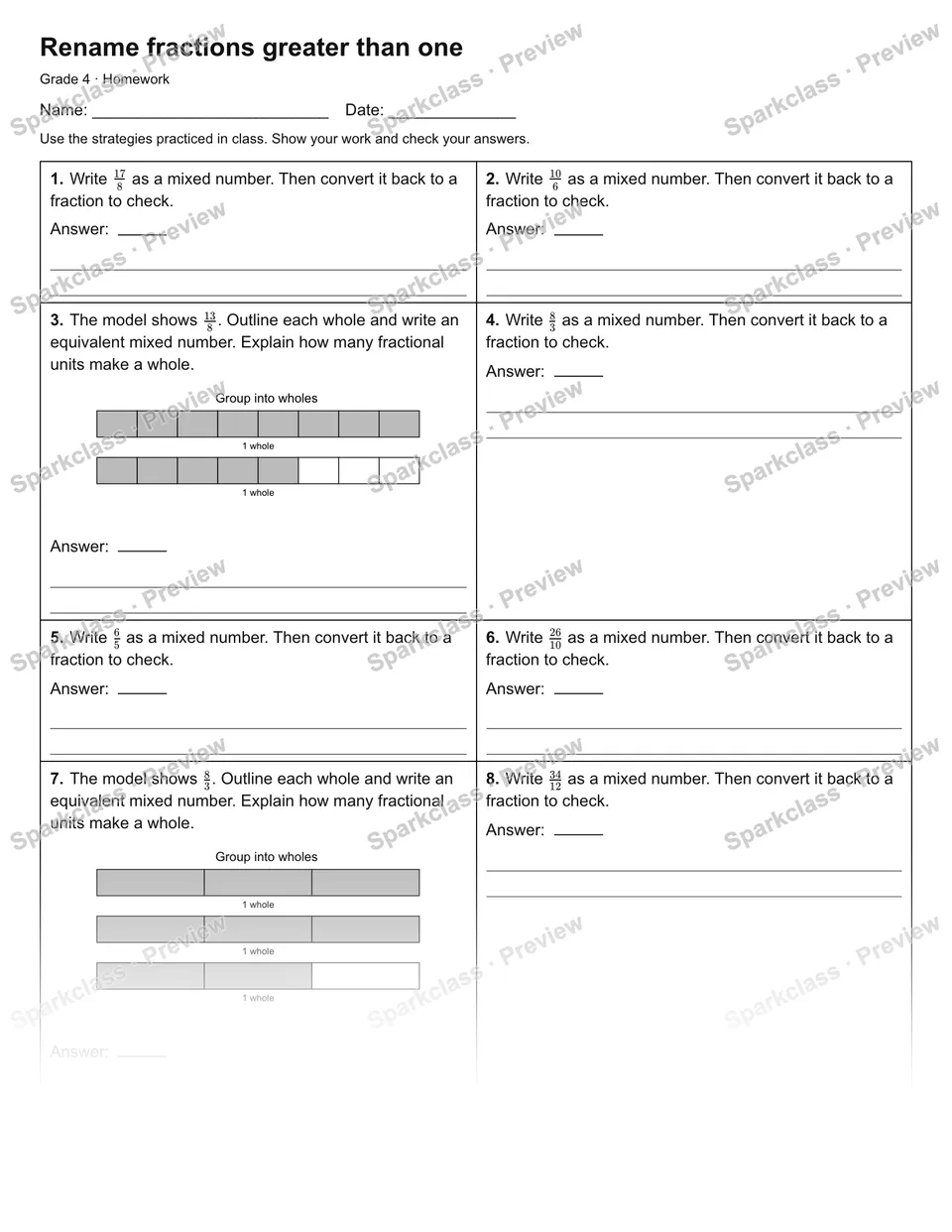Rename fractions greater than one — Homework — Grade 4 worksheet preview
