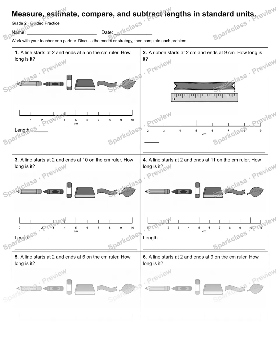 Measure, estimate, compare, and subtract lengths in standard units. — Guided Practice — Grade 2 worksheet preview