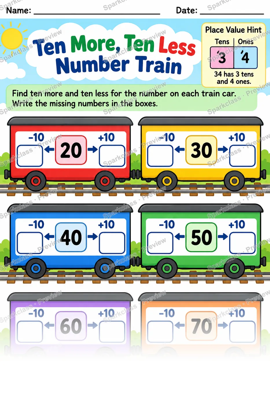 Ten More Ten Less Number Train — Grade 1 worksheet preview