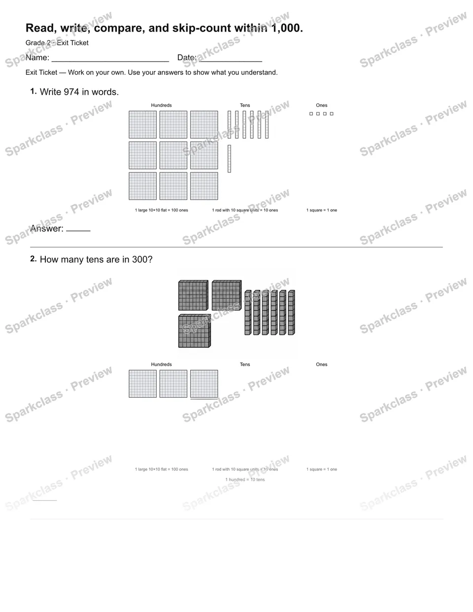 Read, write, compare, and skip-count within 1,000. — Exit Ticket — page 2