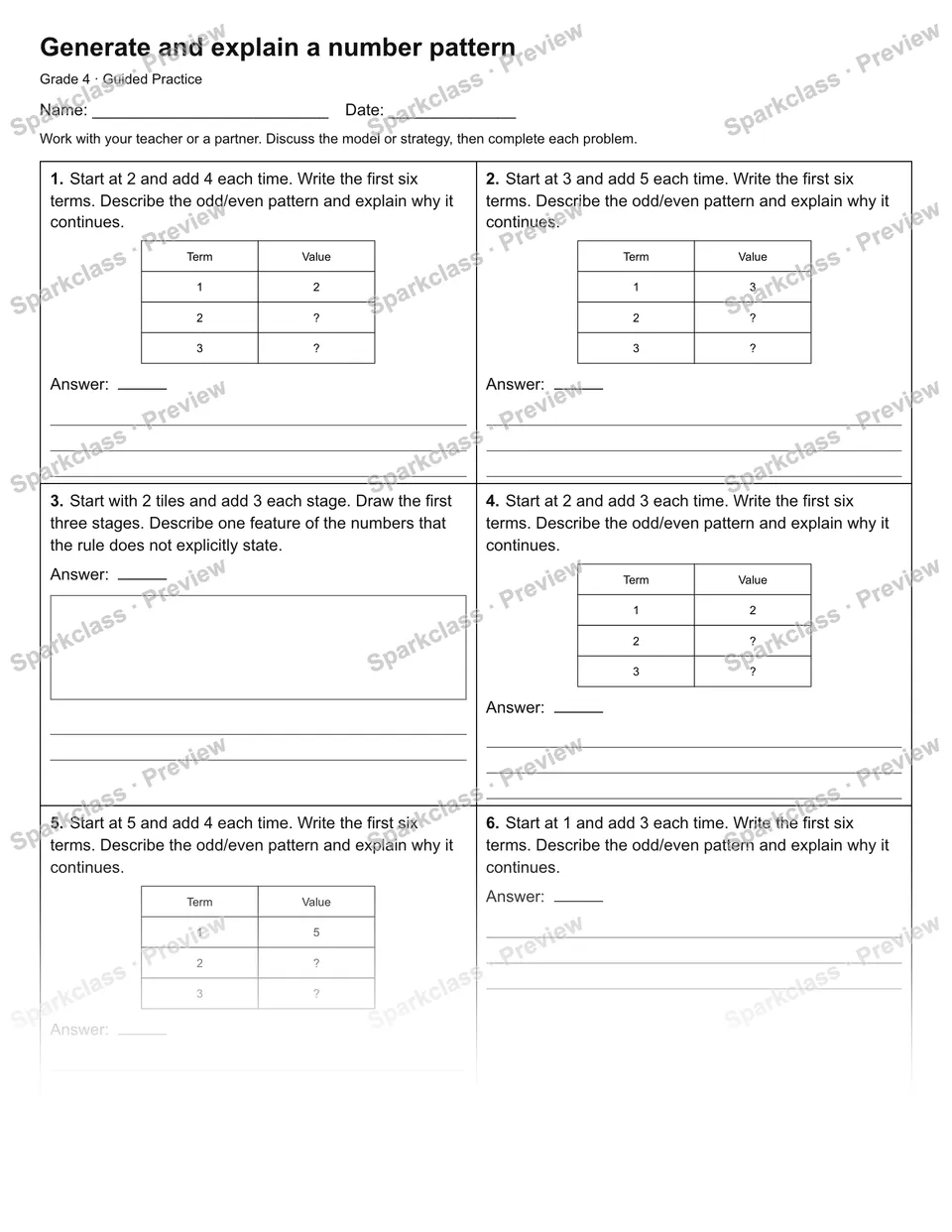Generate and explain a number pattern — Guided Practice — Grade 4 worksheet preview