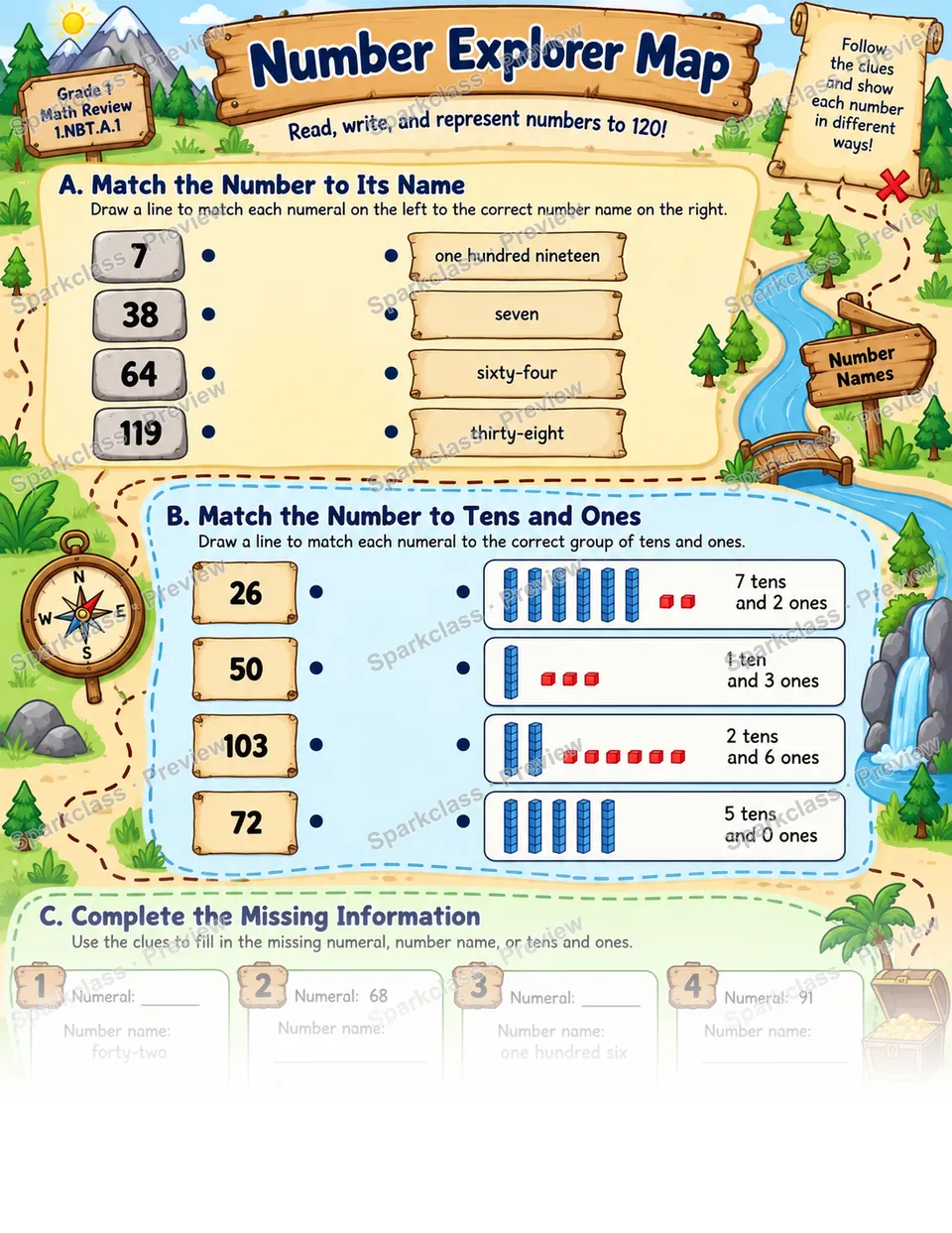 Number Explorer Map 120 — Grade 1 worksheet preview