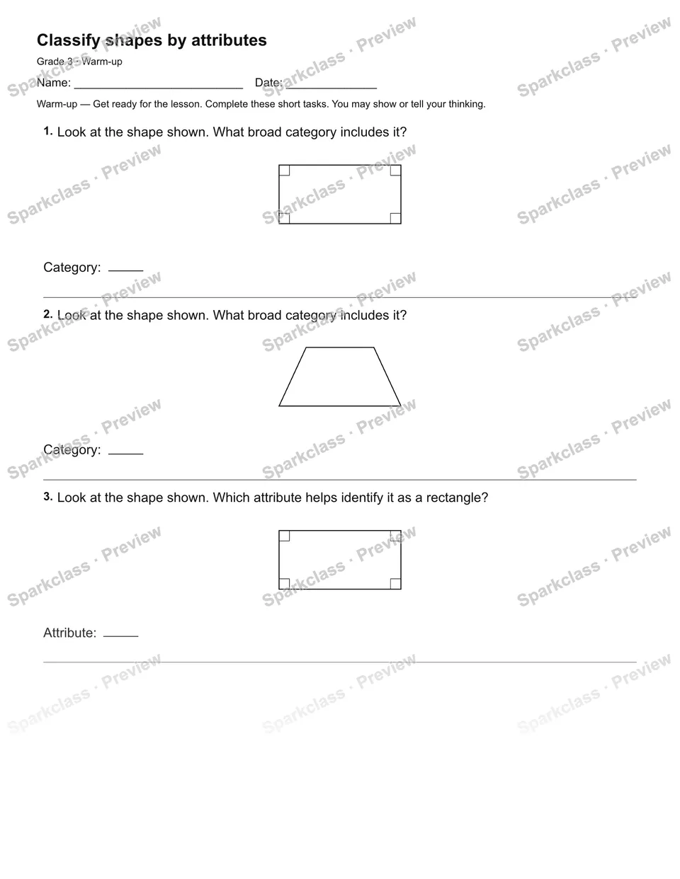 Classify shapes by attributes — Warm-up — Grade 3 worksheet preview