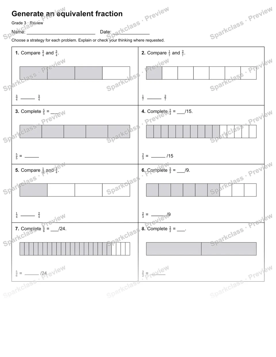 Generate an equivalent fraction — Review — Grade 3 worksheet preview