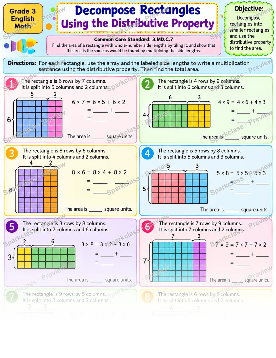 Distributive Property Area 01 — Grade 3 worksheet preview