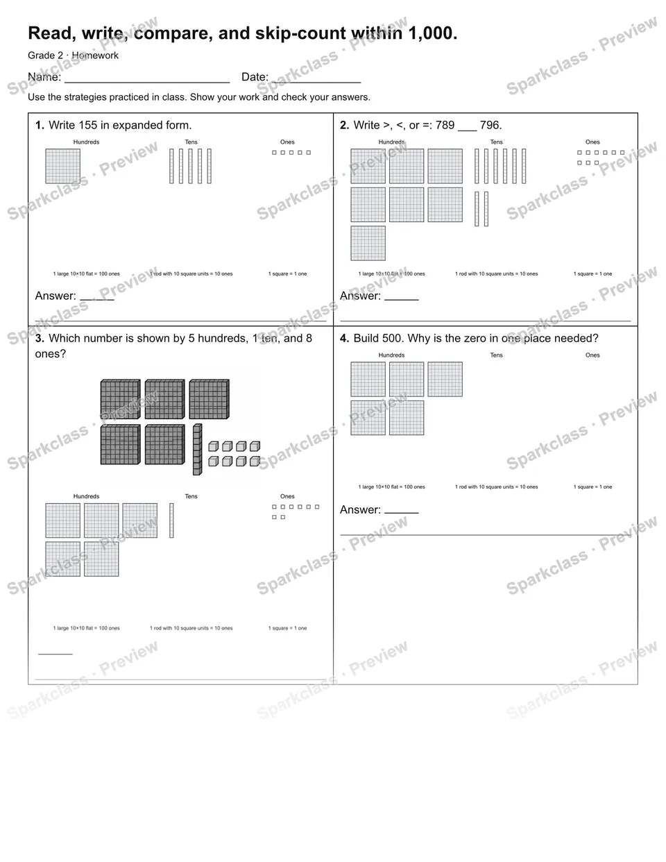 Read, write, compare, and skip-count within 1,000. — Homework — Grade 2 worksheet preview
