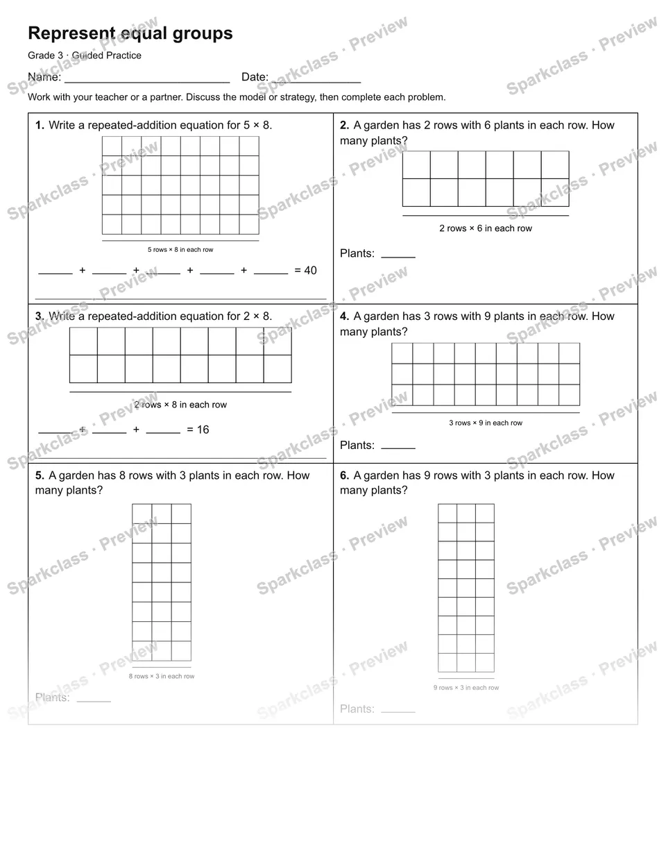 Represent equal groups — Guided Practice — Grade 3 worksheet preview