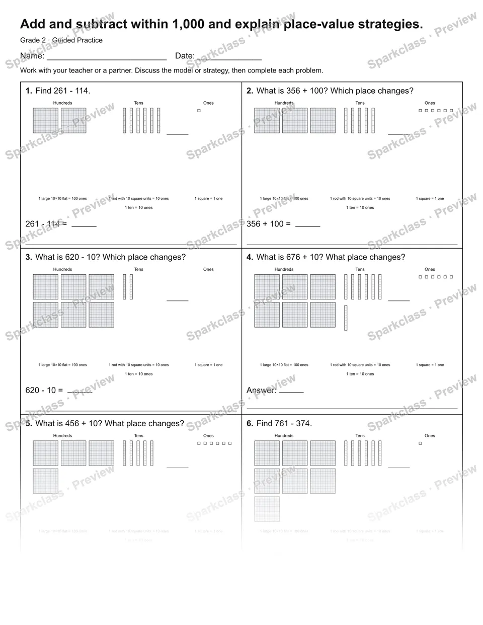 Add and subtract within 1,000 and explain place-value strategies. — Guided Practice — Grade 2 worksheet preview