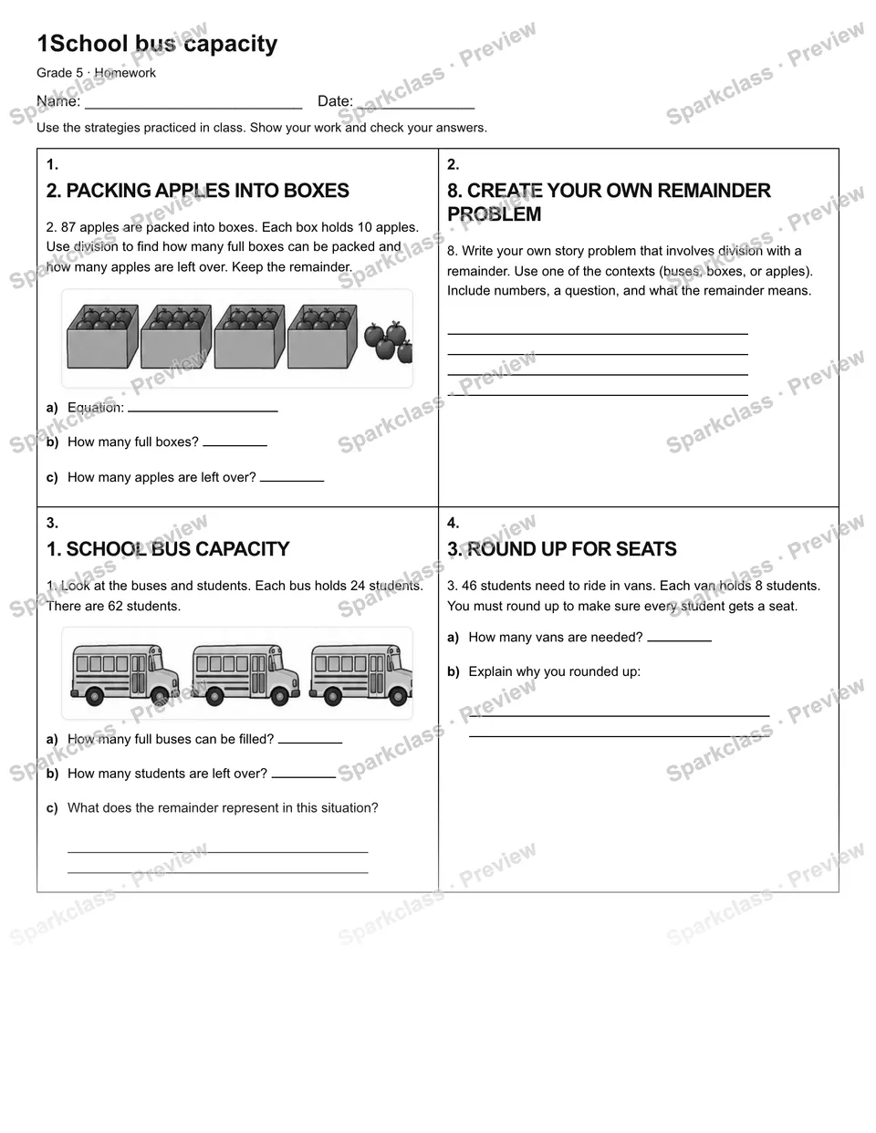 1School bus capacity — Homework — Grade 5 worksheet preview