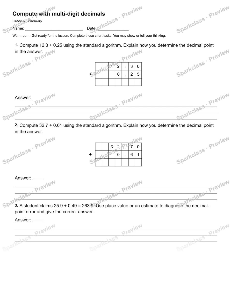 Compute with multi-digit decimals — Warm-up — page 2