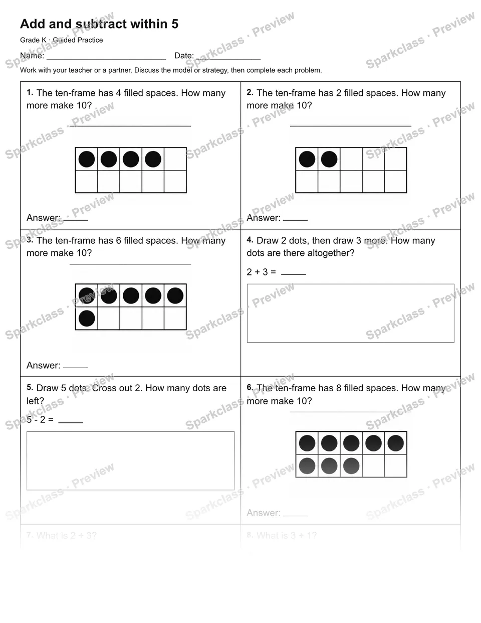 Add and subtract within 5 — Guided Practice — Kindergarten worksheet preview