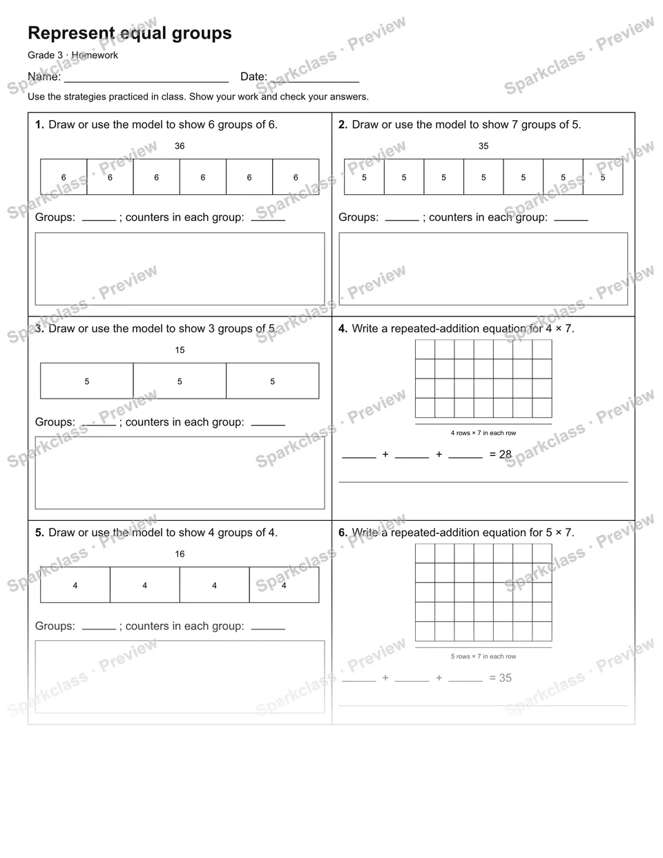 Represent equal groups — Homework — Grade 3 worksheet preview