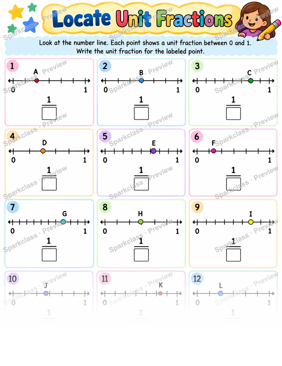 Locate Unit Fractions — Grade 3 worksheet preview
