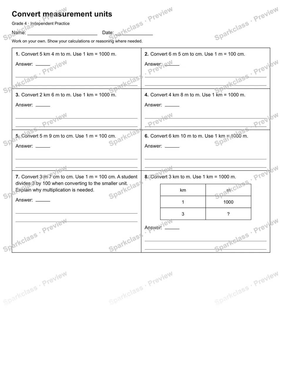 Convert measurement units — Independent Practice — Grade 4 worksheet preview