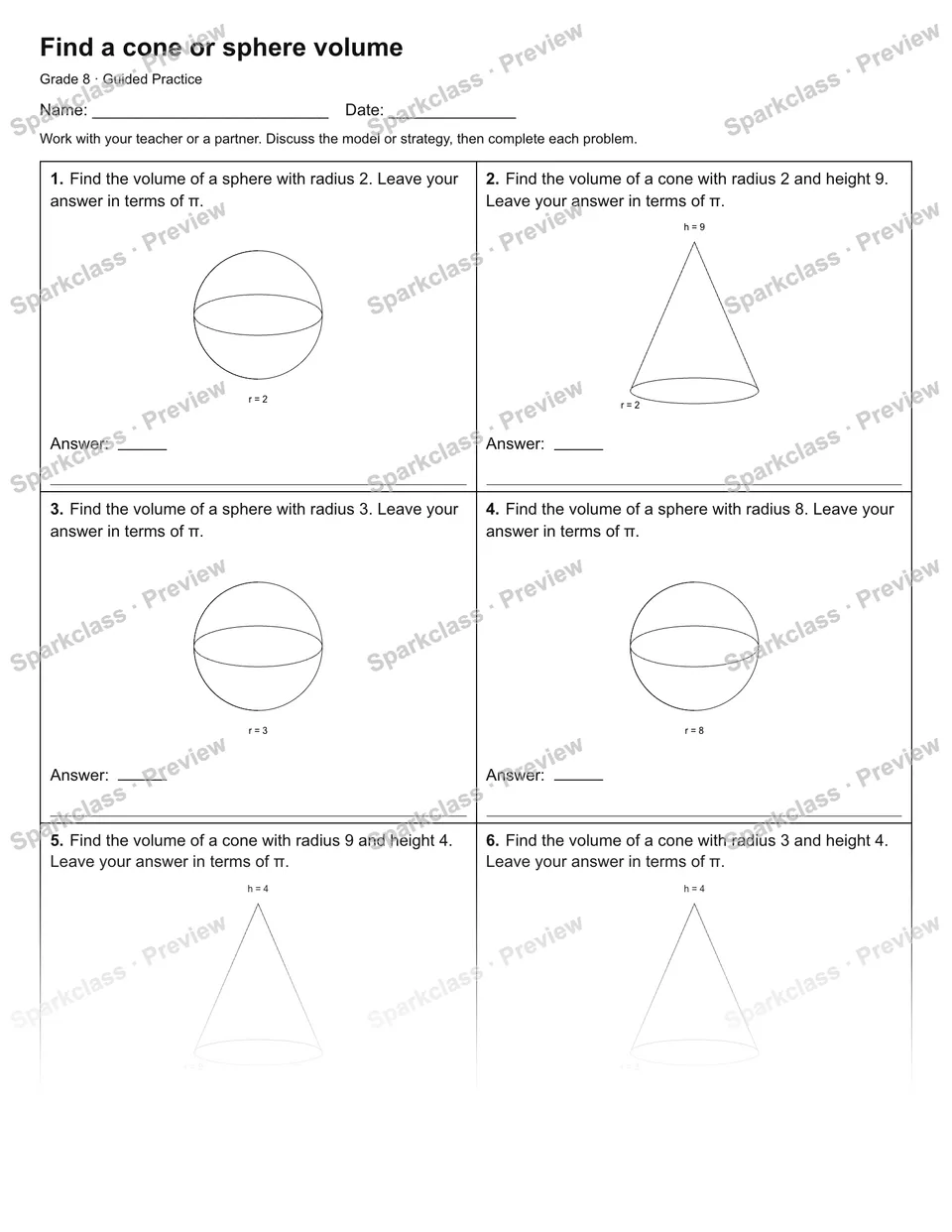 Find a cone or sphere volume — Guided Practice — Grade 8 worksheet preview