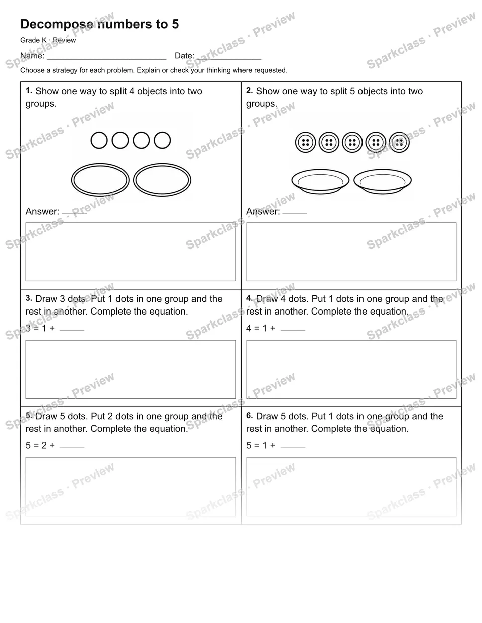 Decompose numbers to 5 — Review — Kindergarten worksheet preview