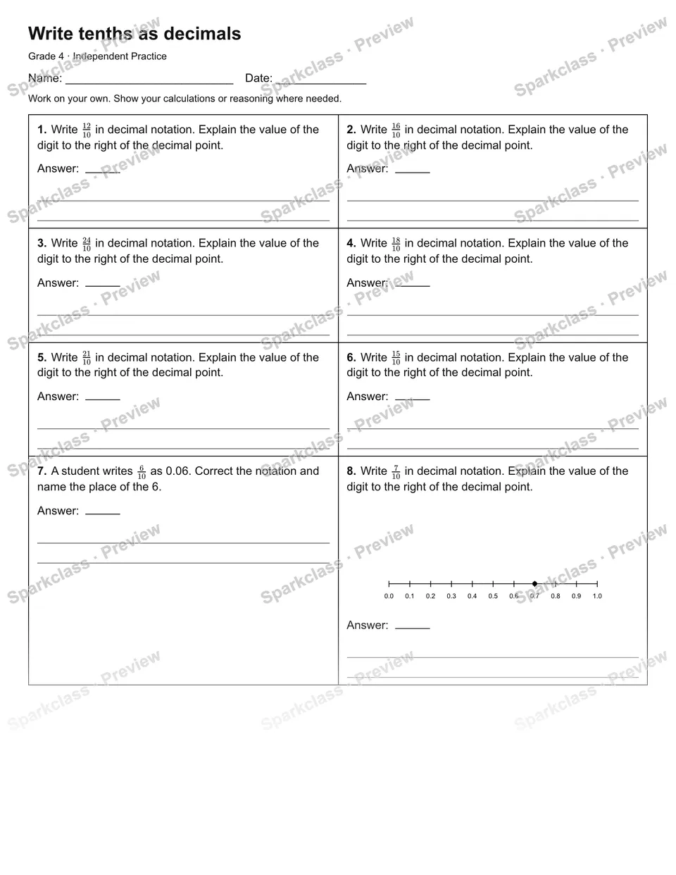 Write tenths as decimals — Independent Practice — Grade 4 worksheet preview