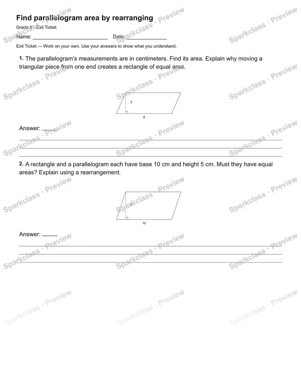 Find parallelogram area by rearranging — Exit Ticket — Grade 6 worksheet preview