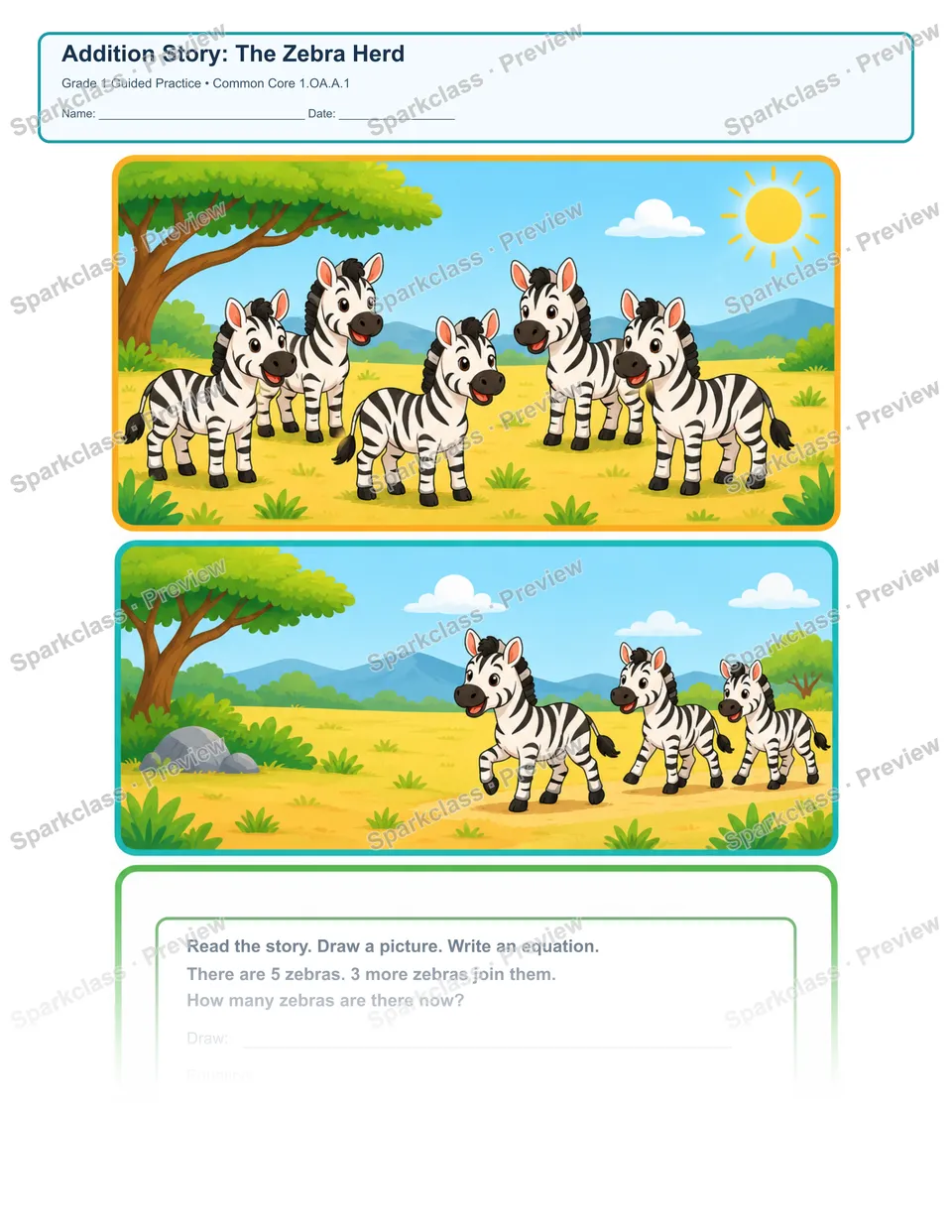 Addition Story: The Zebra Herd — Grade 1 worksheet preview