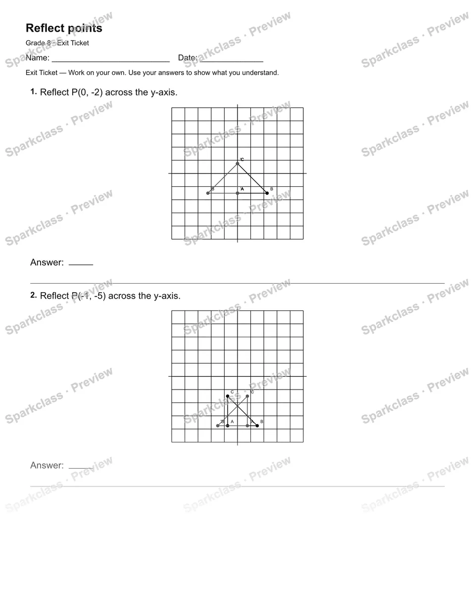 Reflect points — Exit Ticket — Grade 8 worksheet preview