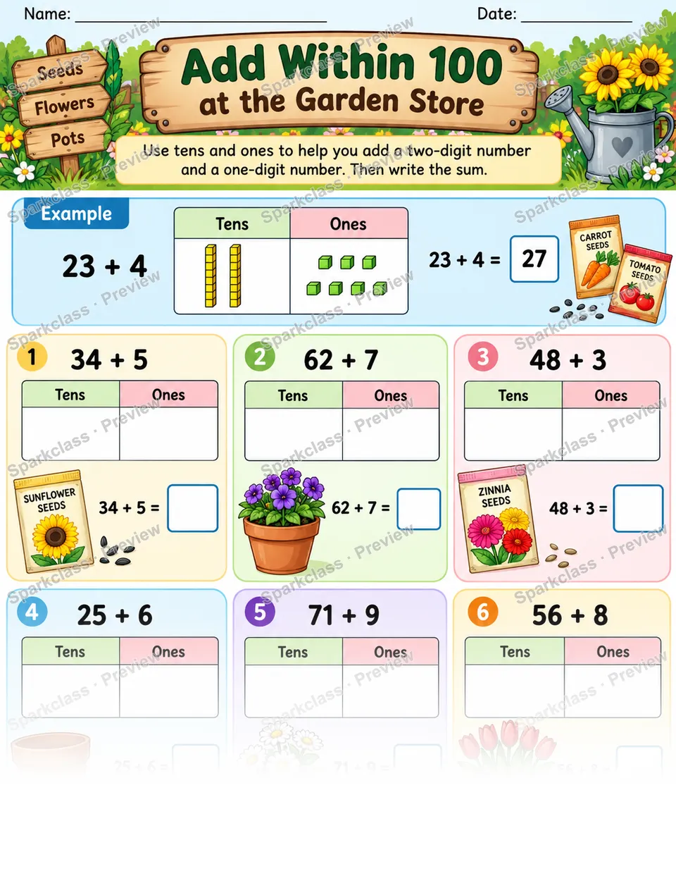 Add Two Digit One Digit Garden Store — Grade 1 worksheet preview