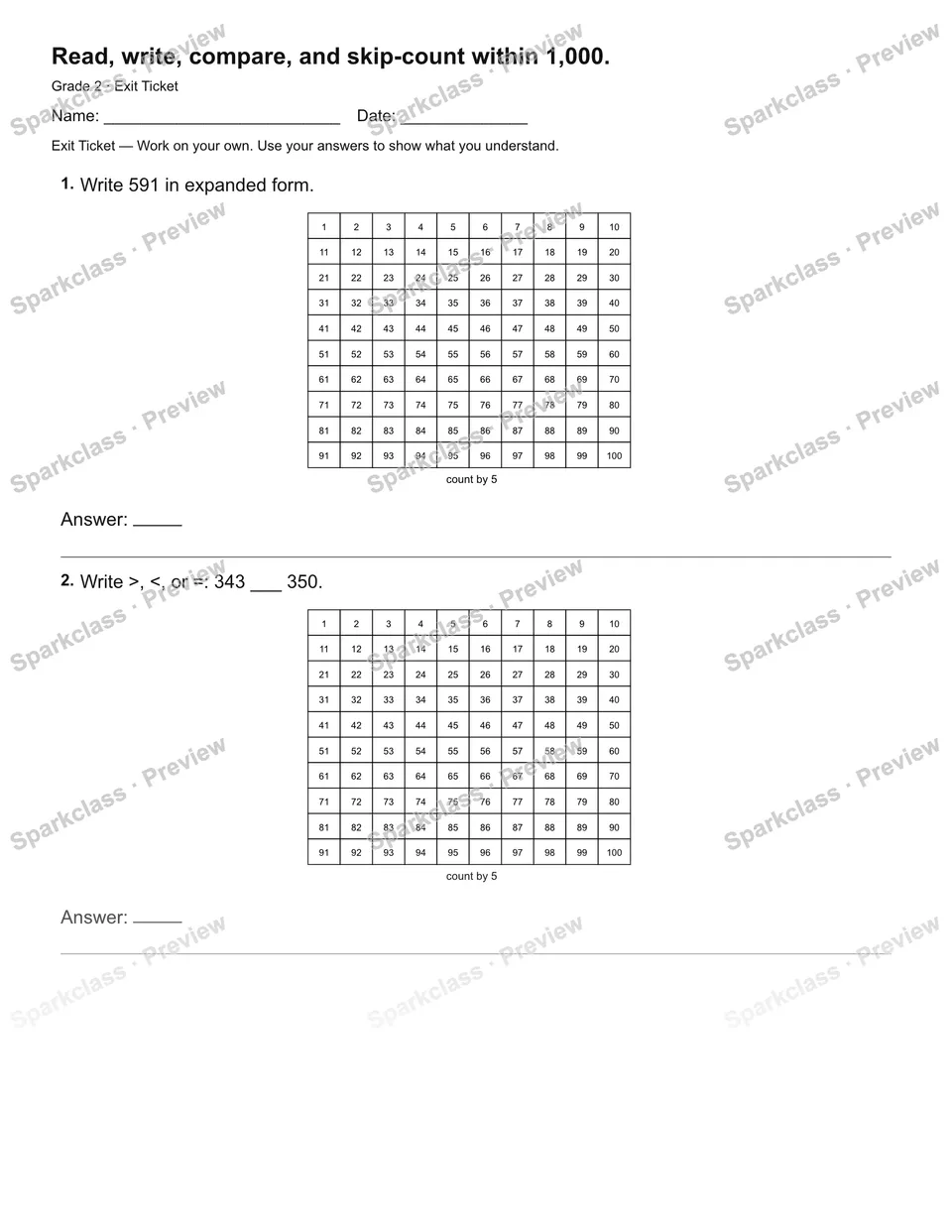 Read, write, compare, and skip-count within 1,000. — Exit Ticket — page 2