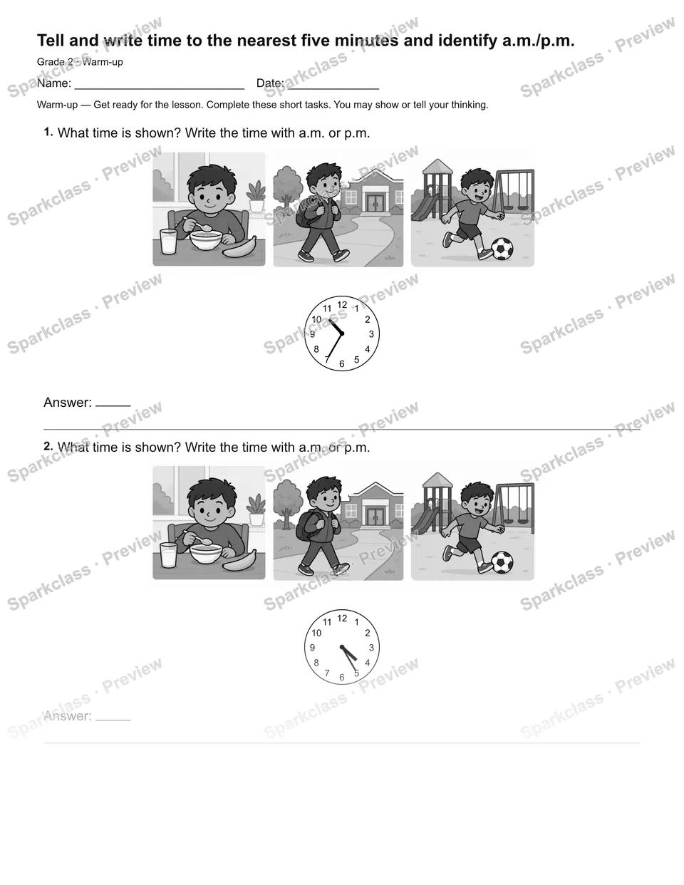 Tell and write time to the nearest five minutes and identify a.m./p.m. — Warm-up — page 2