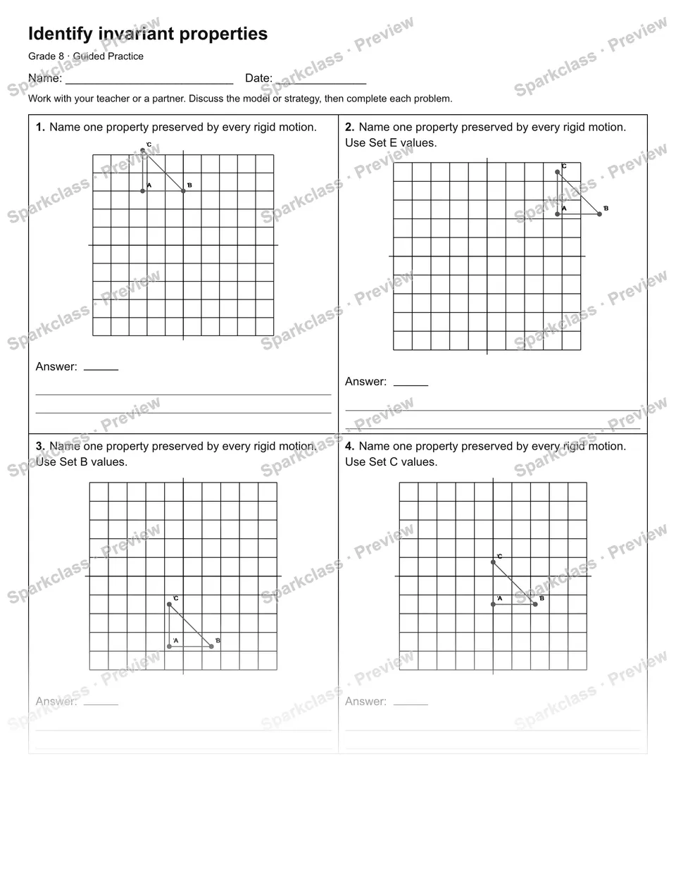Identify invariant properties — Guided Practice — Grade 8 worksheet preview