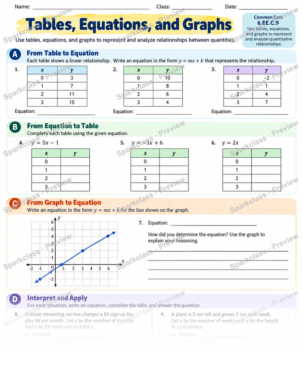 Tables Equations — Grade 6 worksheet preview