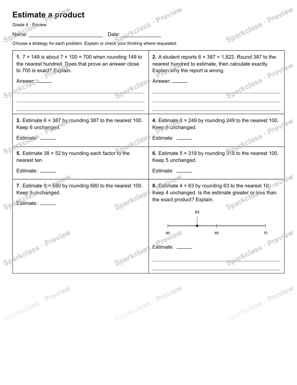Estimate a product — Review — Grade 4 worksheet preview