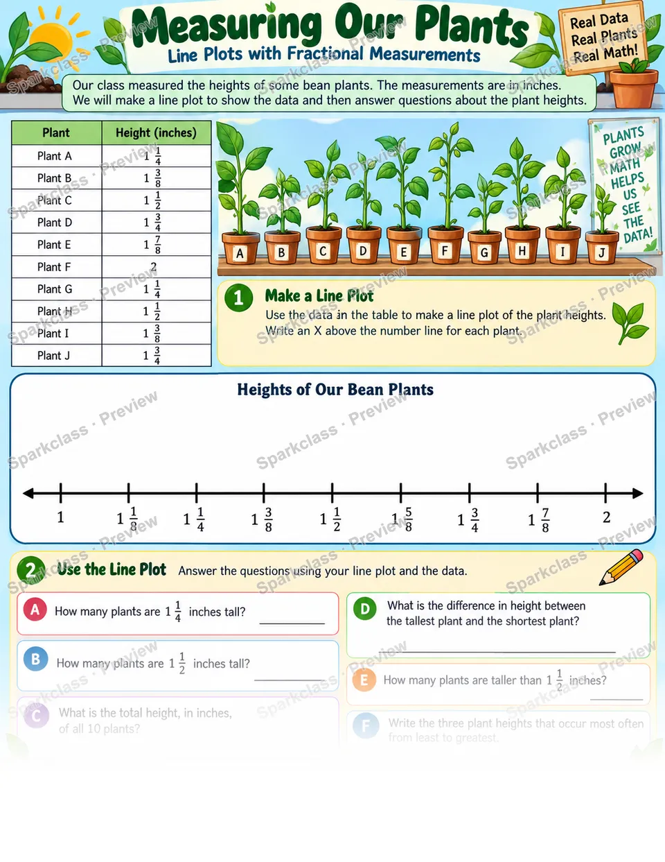 Fractional Line Plot · Plants — Grade 4 worksheet preview