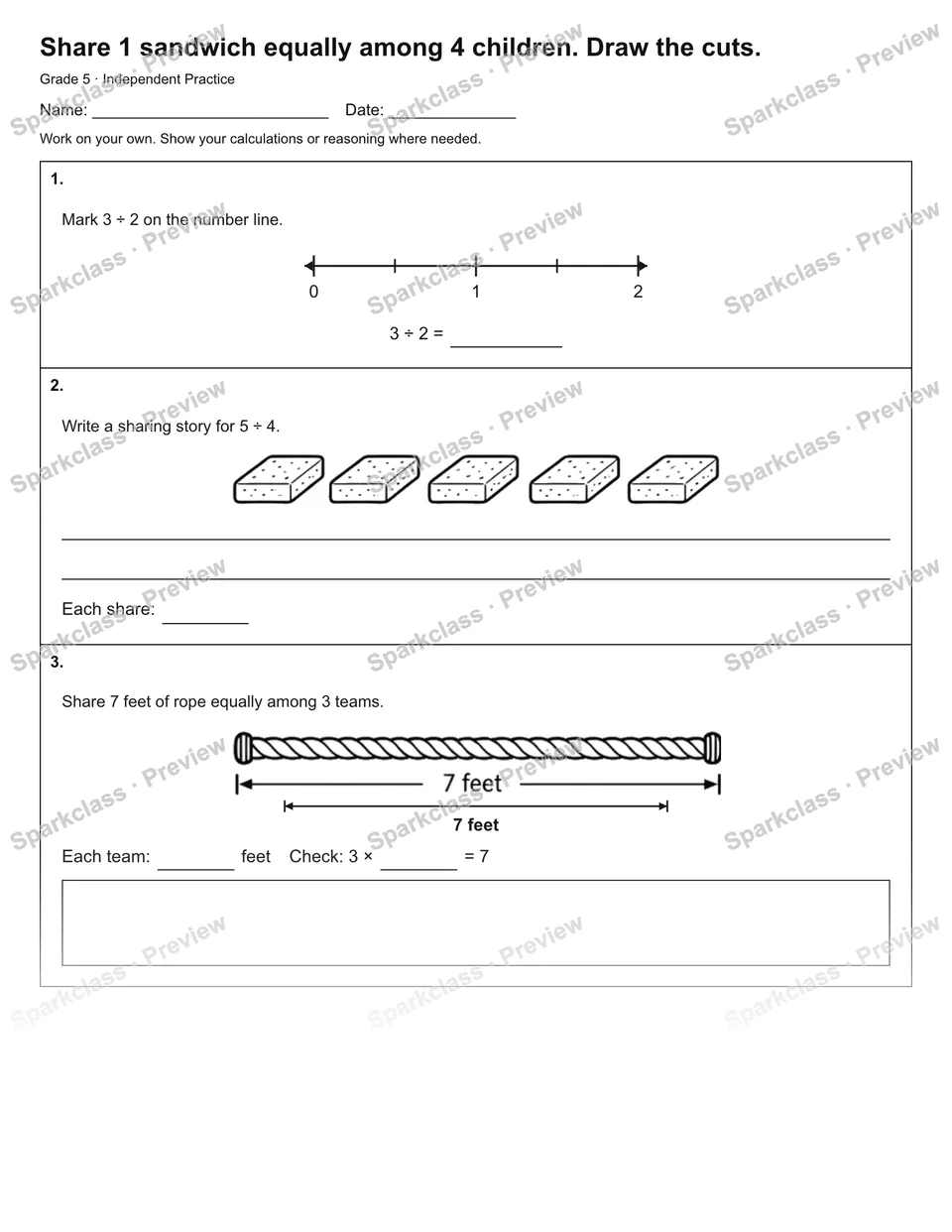 Share 1 sandwich equally among 4 children. Draw the cuts. — Independent Practice — Grade 5 worksheet preview