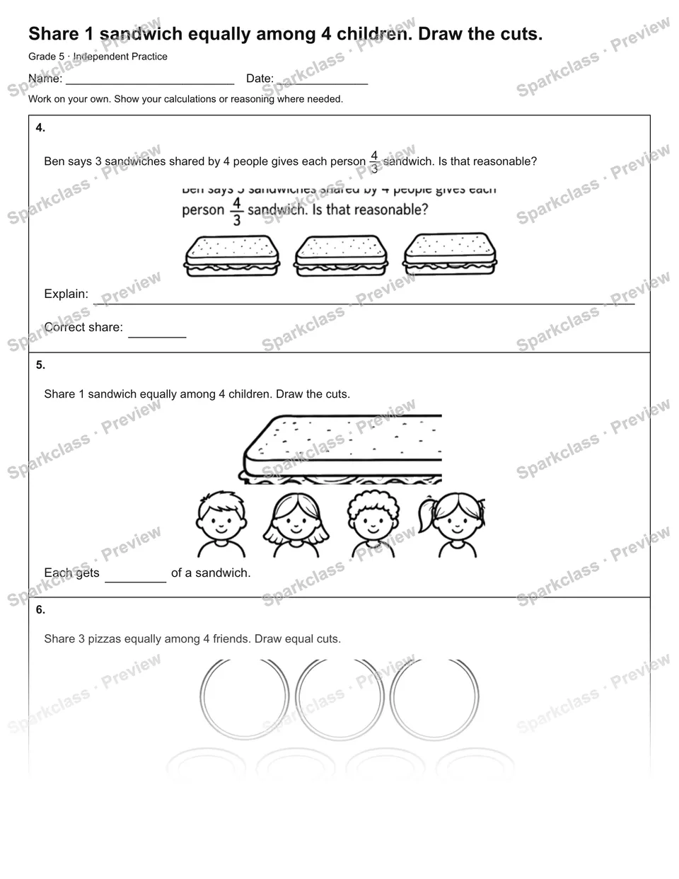 Share 1 sandwich equally among 4 children. Draw the cuts. — Independent Practice — page 2