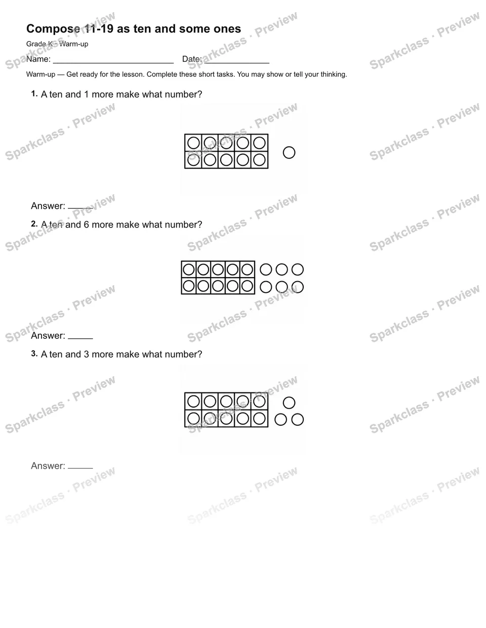 Compose 11-19 as ten and some ones — Warm-up — page 2