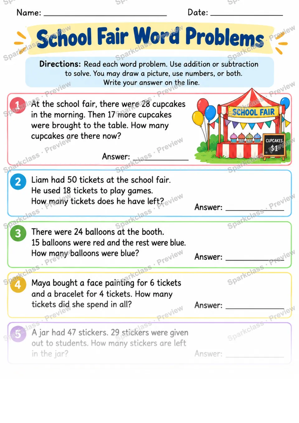 2.OA.A.1 · School Fair Word Problems — Grade 2 worksheet preview