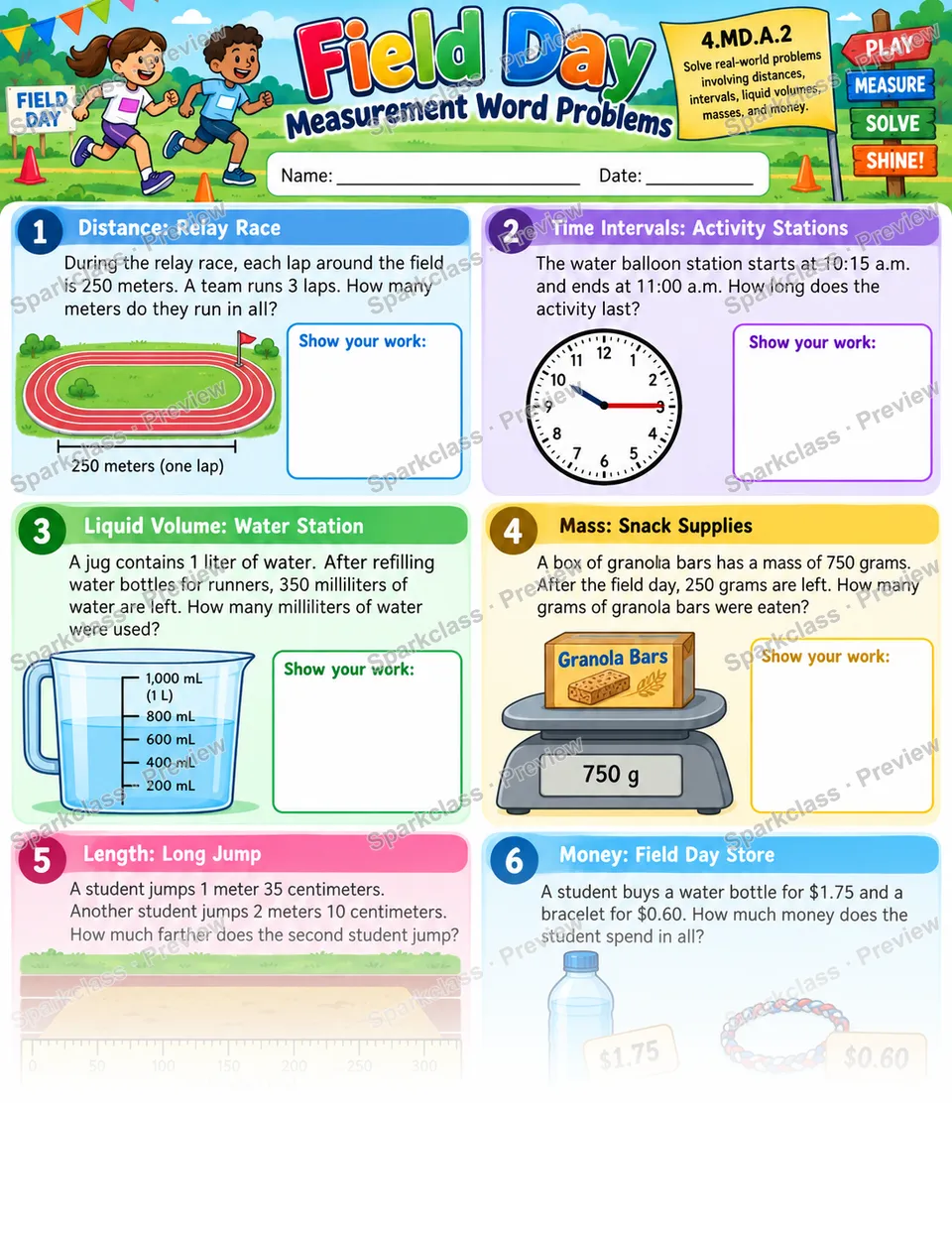 Measurement Word Problems · Field Day — Grade 4 worksheet preview