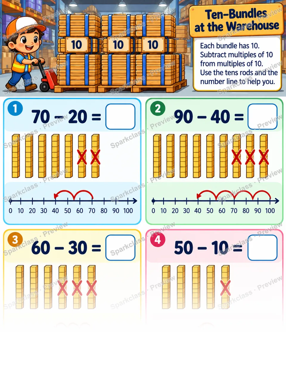 Subtract Tens Warehouse — Grade 1 worksheet preview
