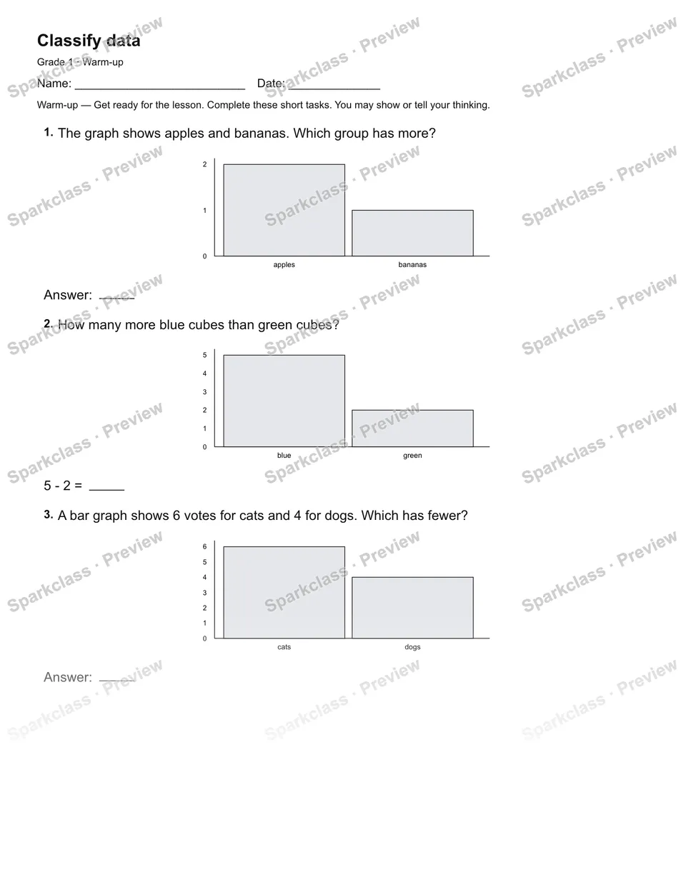 Classify data — Warm-up — Grade 1 worksheet preview