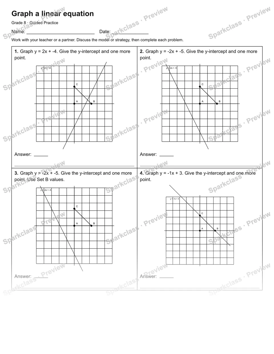 Graph a linear equation — Guided Practice — Grade 8 worksheet preview