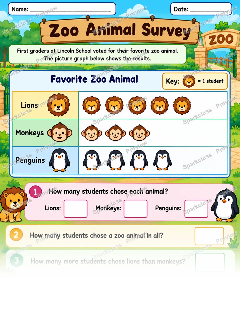 Zoo Animal Picture Graph — Grade 1 worksheet preview