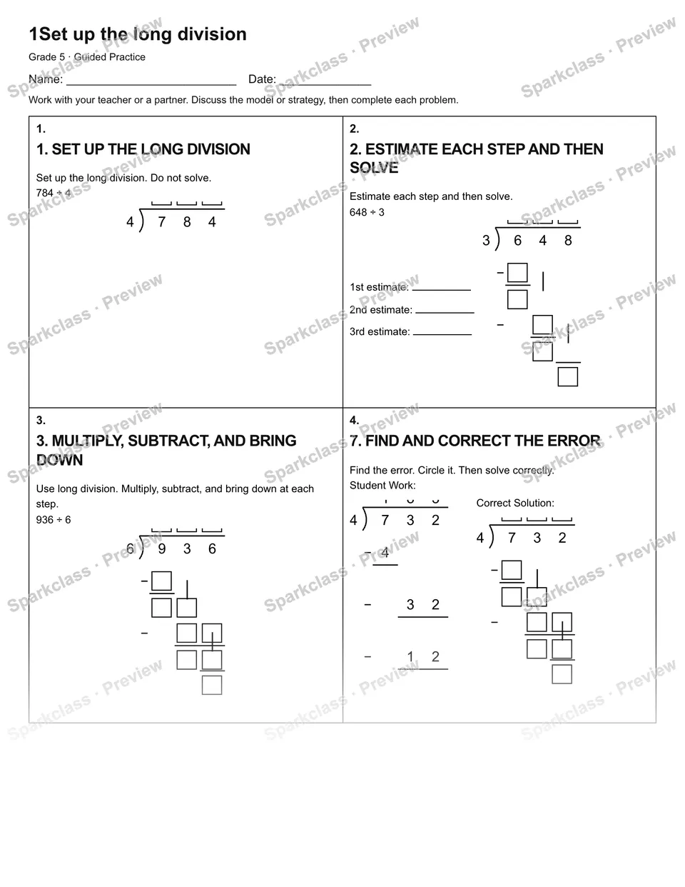 1Set up the long division — Guided Practice — Grade 5 worksheet preview