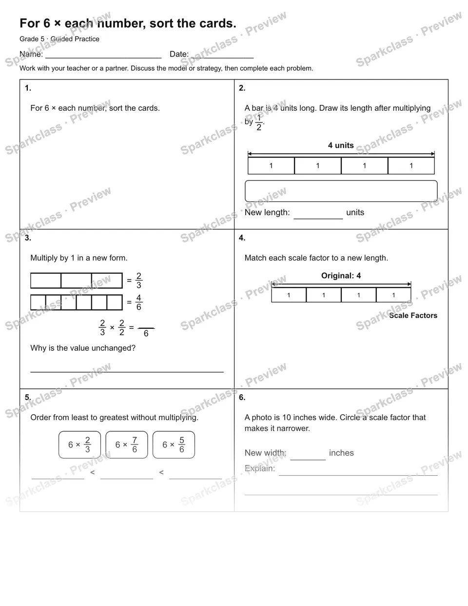 For 6 × each number, sort the cards. — Guided Practice — Grade 5 worksheet preview