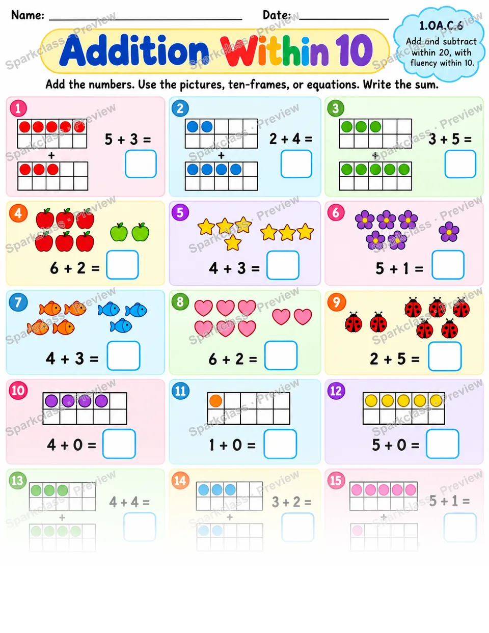 Addition Fluency Within Ten — Grade 1 worksheet preview
