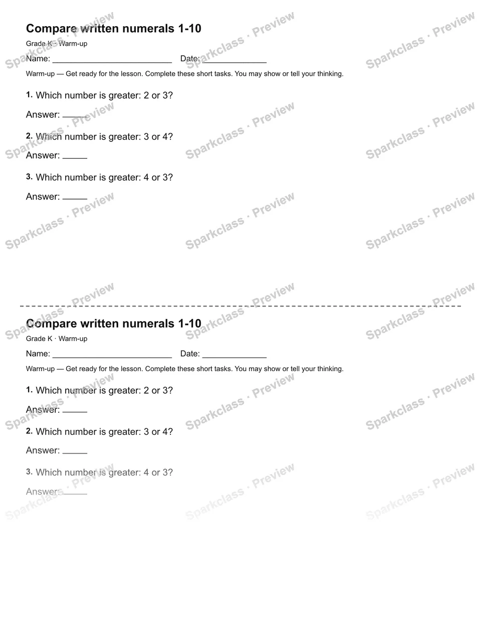 Compare written numerals 1-10 — Warm-up — Kindergarten worksheet preview