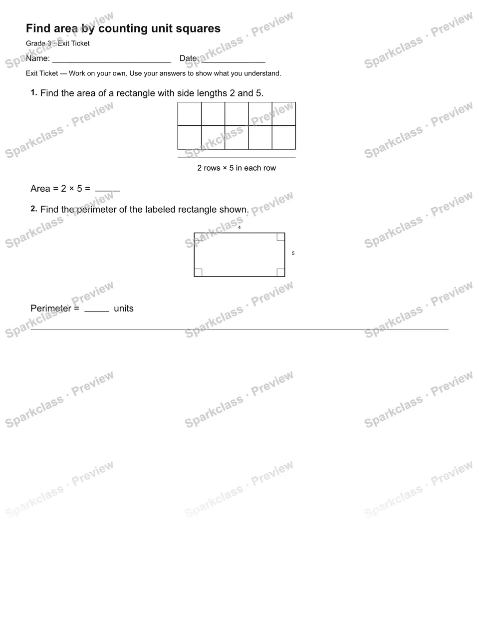 Find area by counting unit squares — Exit Ticket — page 2
