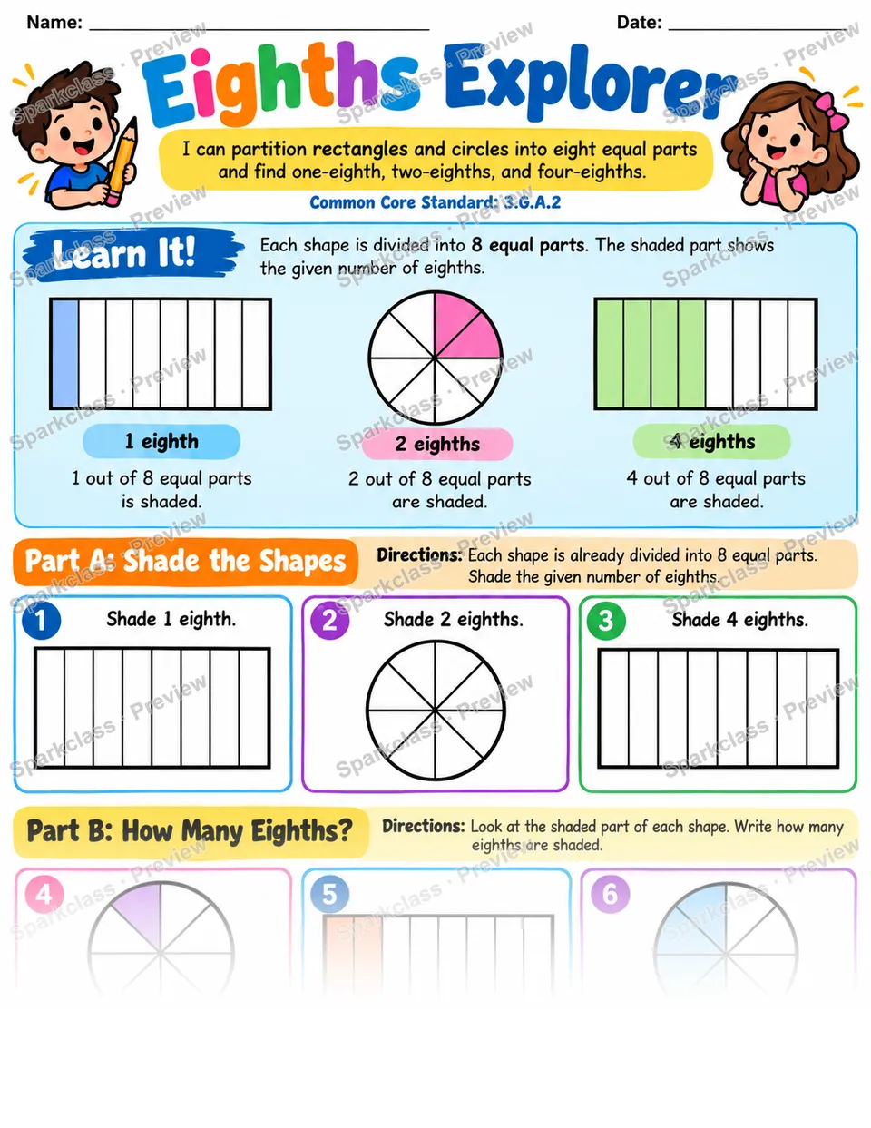 Eighths Explorer — Grade 3 worksheet preview