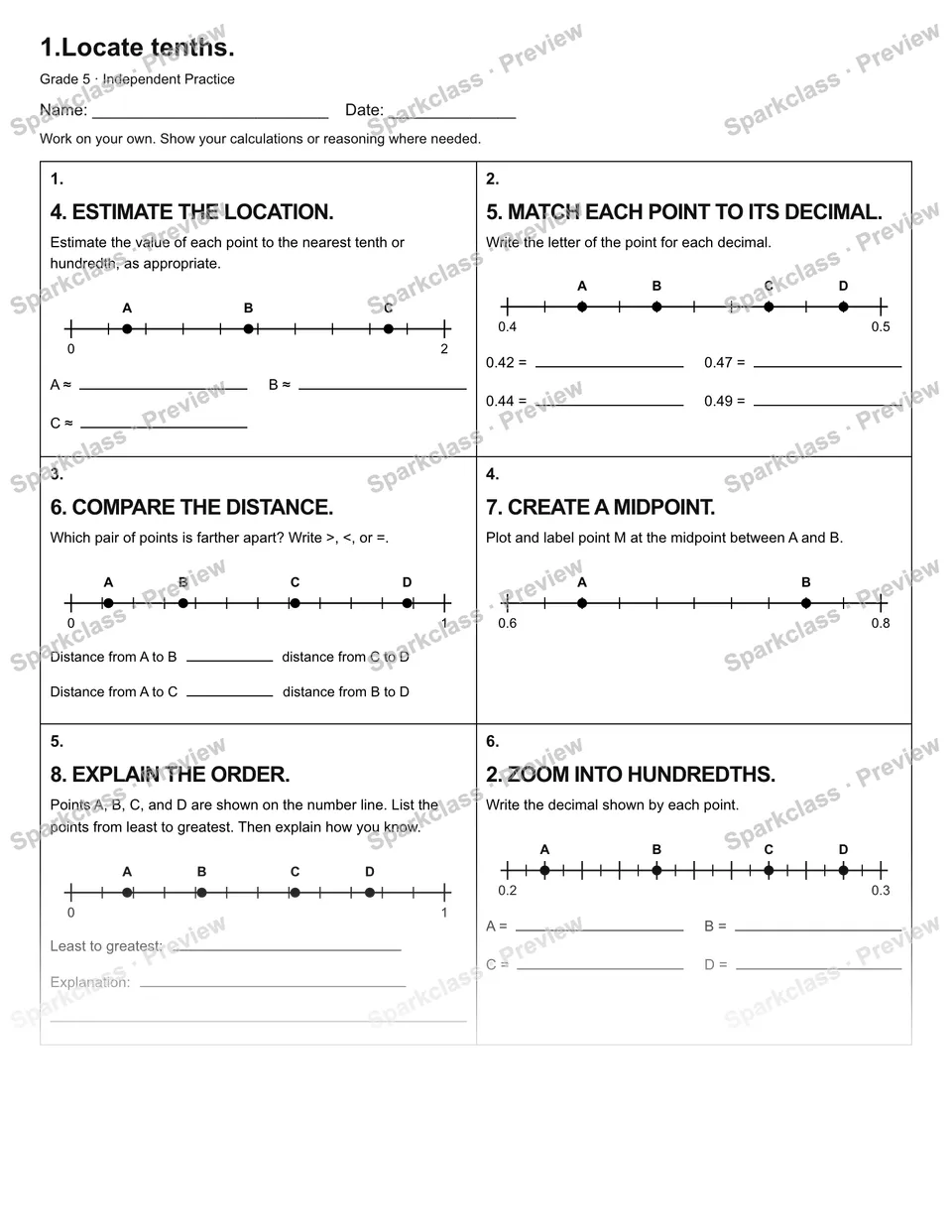 1.Locate tenths. — Independent Practice — Grade 5 worksheet preview