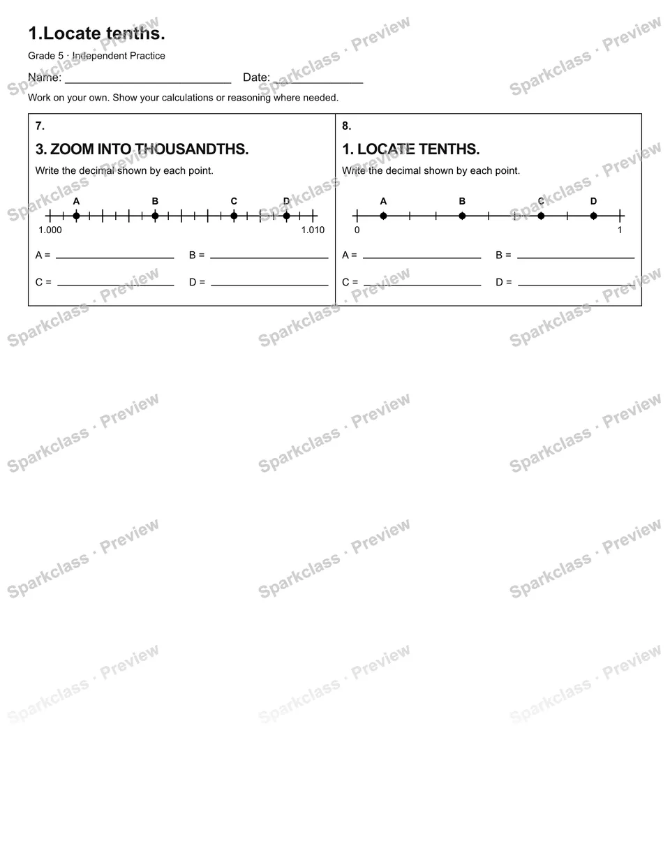 1.Locate tenths. — Independent Practice — page 2