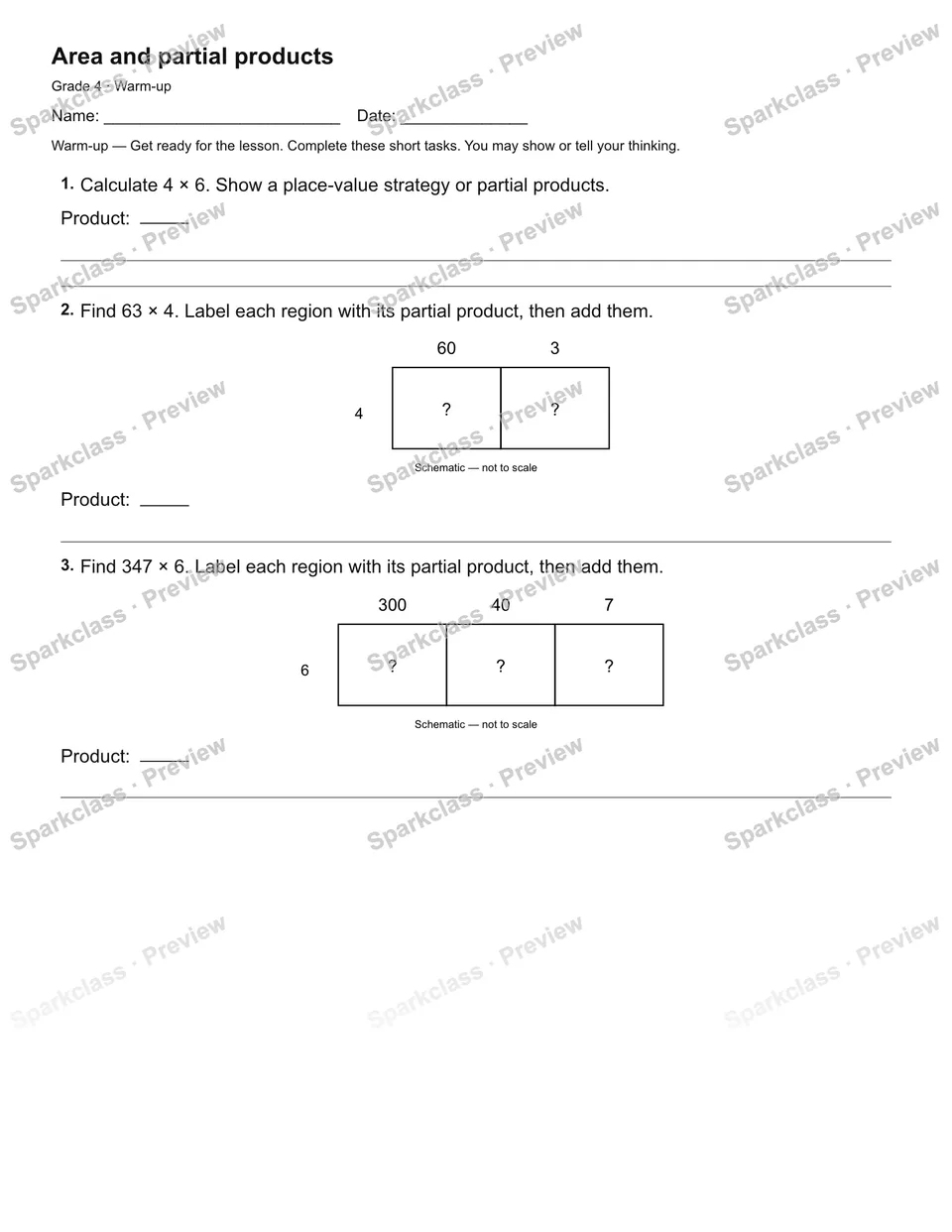 Area and partial products — Warm-up — Grade 4 worksheet preview