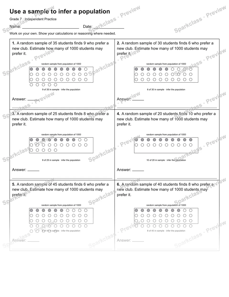 Use a sample to infer a population — Independent Practice — Grade 7 worksheet preview
